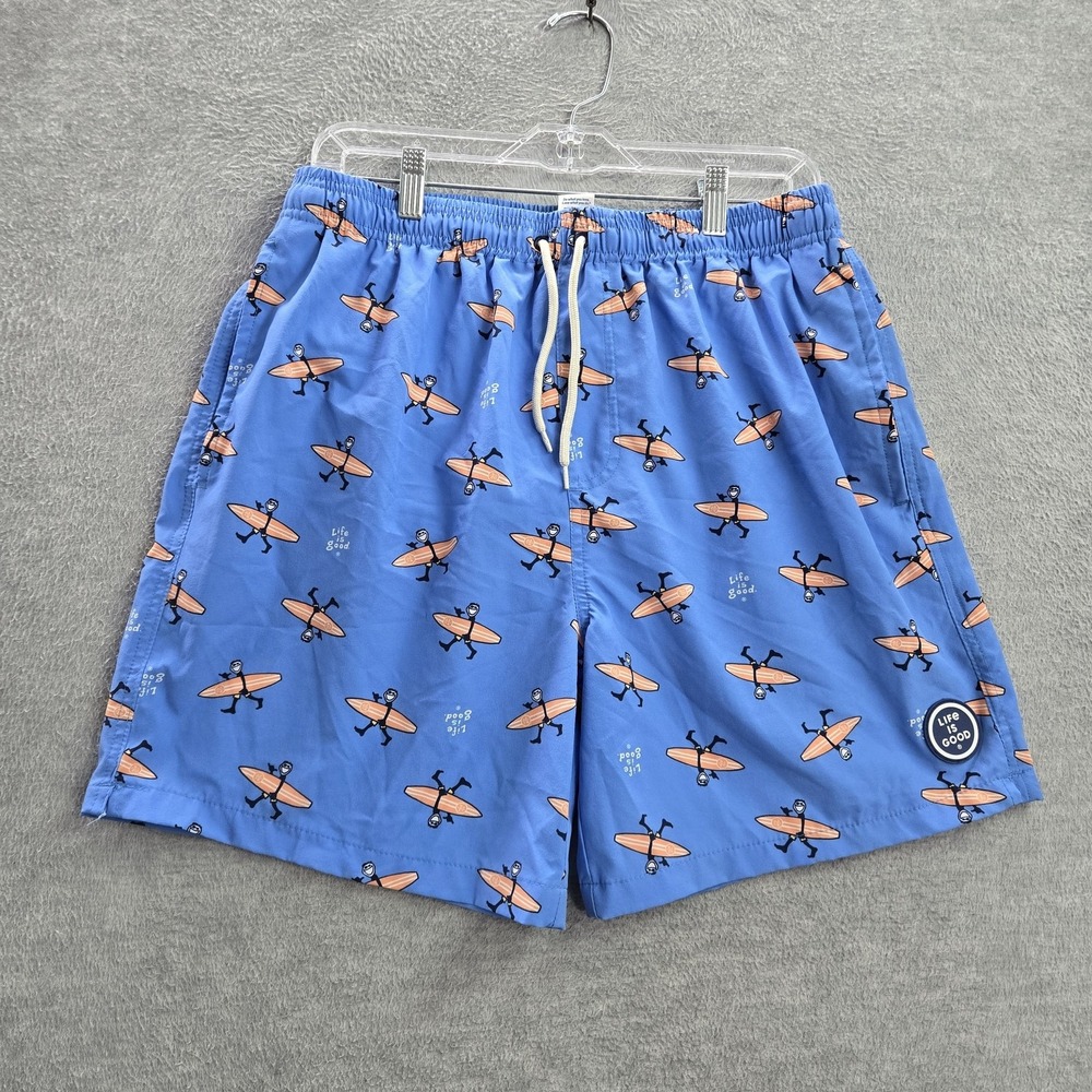 Life Is Good Men Swimwear M Blue Orange Swim Trunks Graphic Print Drawstring‎